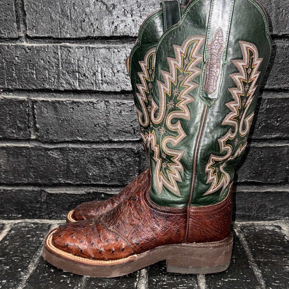 Lucchese Brown Ostrich Toe with Green Embroidered Shaft Cowboy Boots